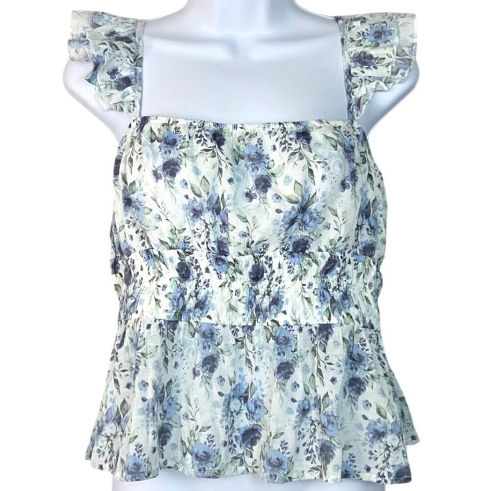Mi Ami White Blue Floral Print Sleeveless Ruffled Square Neck Babydoll Top Sz XL